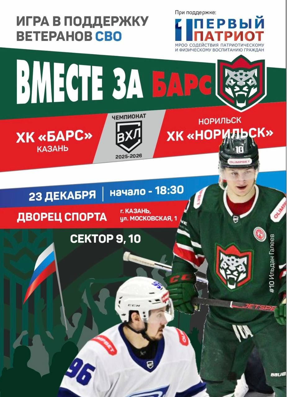 В Казани пройдет хоккейный матч между «Барсом» и «Норильском» в поддержку ветеранов СВО
