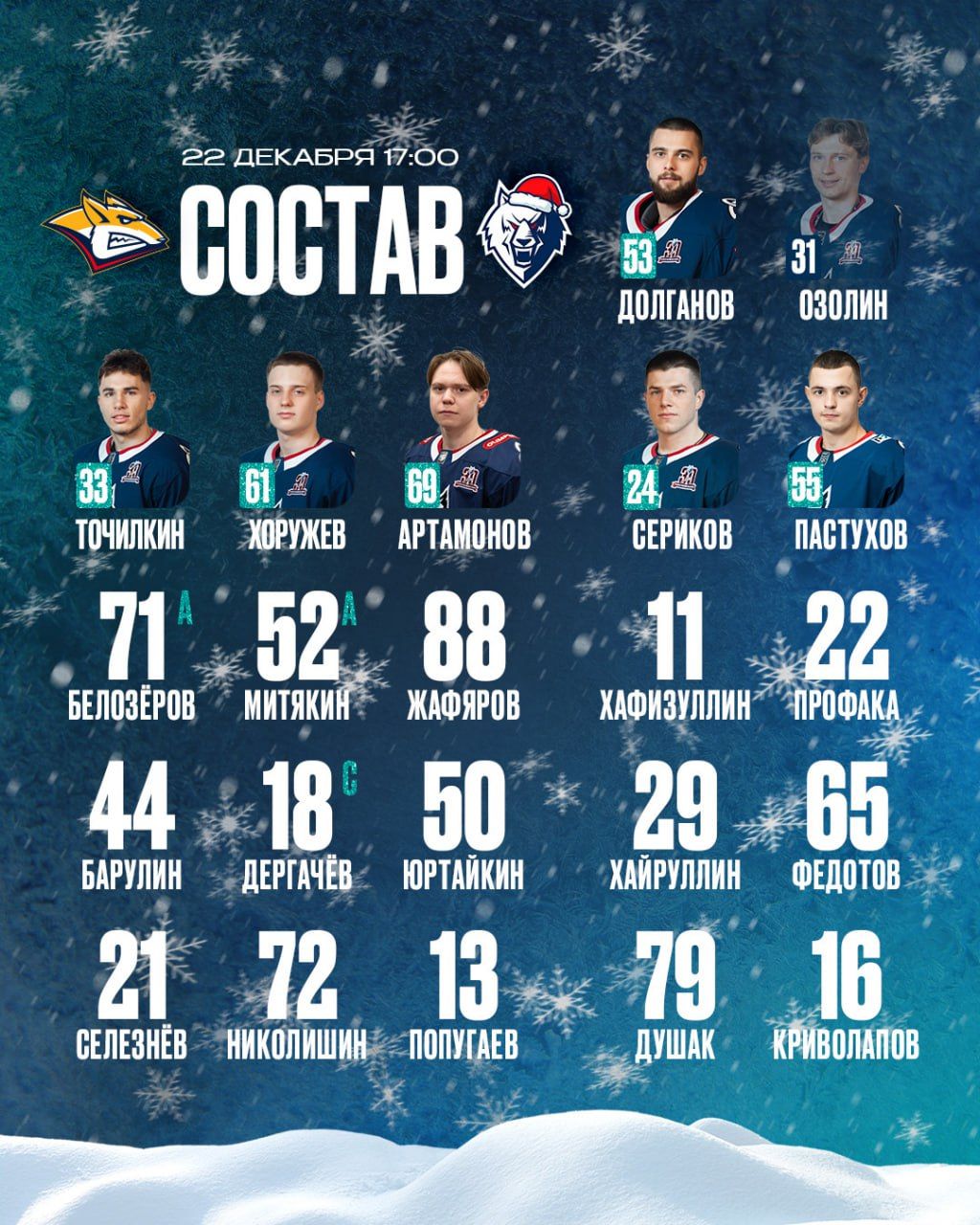 «Нефтехимик» представил состав на игру против лидера КХЛ «Металлурга»