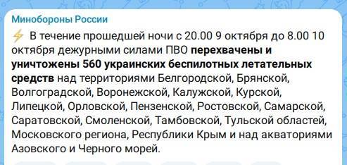 За ночь в небе над Россией сбили 560 украинских беспилотников