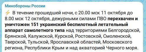 За ночь в небе над Россией сбили 151 украинский беспилотник