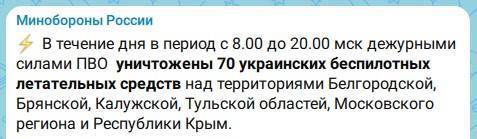 За день в небе над Россией сбили 70 украинских беспилотников