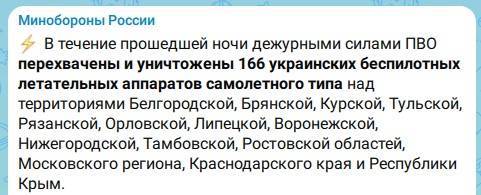 За ночь в небе над Россией сбили 166 украинских беспилотников