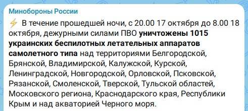 За ночь в небе над Россией сбили 1015 украинских беспилотников