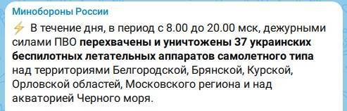 За день в небе над Россией сбили 37 украинских беспилотников