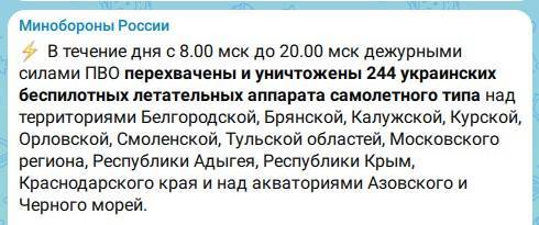 За день в небе над Россией сбили 244 украинских беспилотника