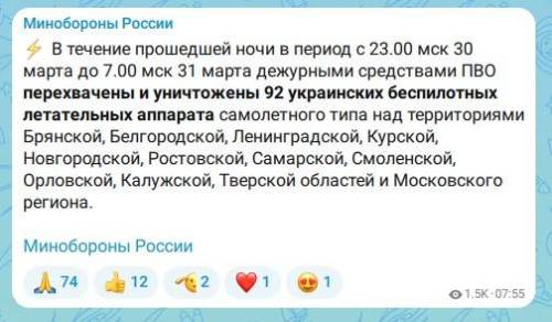 За ночь средства ПВО сбили 92 украинских беспилотника