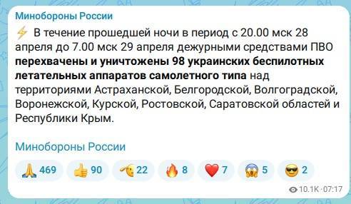 За ночь средства ПВО сбили 98 украинских беспилотников