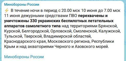 За ночь средства ПВО сбили 330 украинских беспилотников