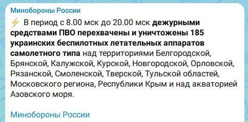 За день средства ПВО сбили 185 украинских беспилотников