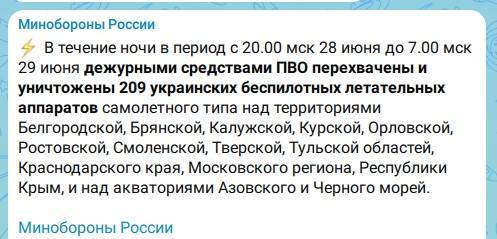 За ночь средства ПВО сбили 209 украинских беспилотников