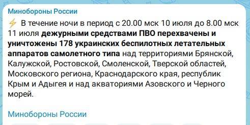 За ночь средства ПВО сбили 178 украинских беспилотников