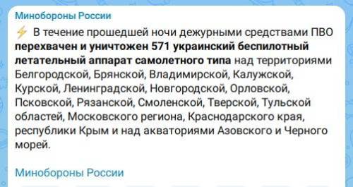 За ночь средства ПВО сбили 571 украинский беспилотник
