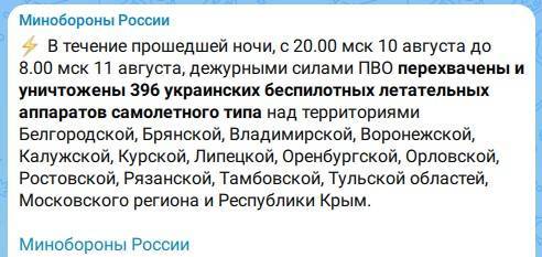 За ночь в небе над Россией сбили 396 украинских беспилотников