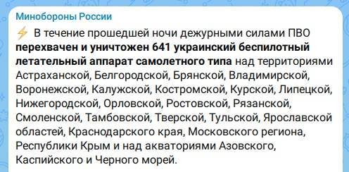 За ночь в небе над Россией сбили 641 украинский беспилотник