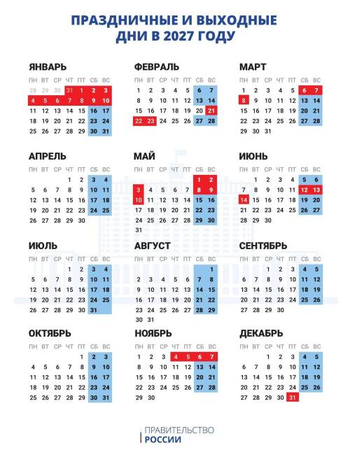 В России определили даты выходных и праздников в 2027 году
