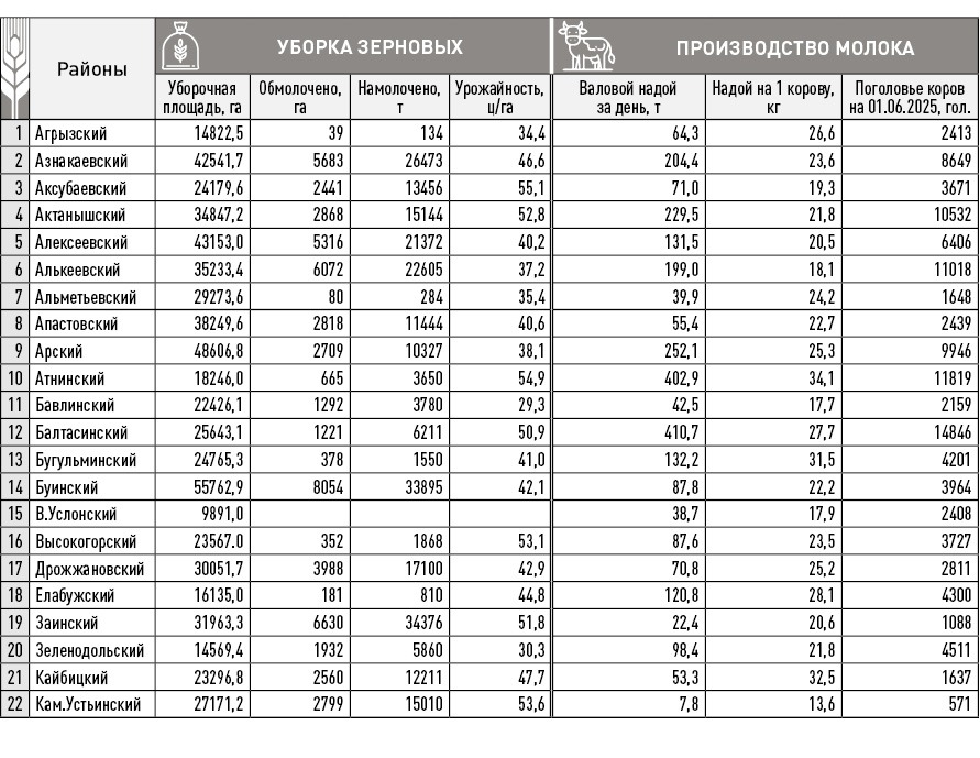 Минсельхозпрод назвал районы Татарстана, отстающие по уборке зерна и надоям молока