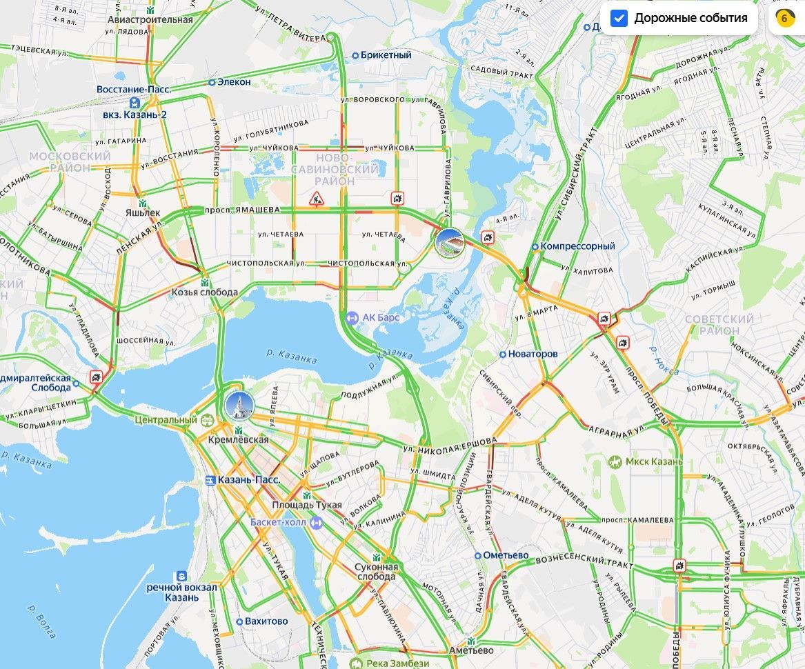 Шестибалльные пробки возникли в Казани из-за семи неработающих светофоров
