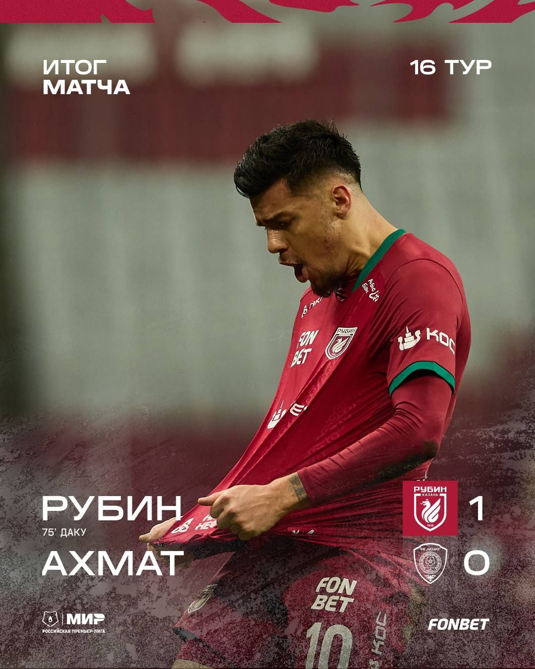 Казанский «Рубин» дома обыграл «Ахмат» со счетом 1:0