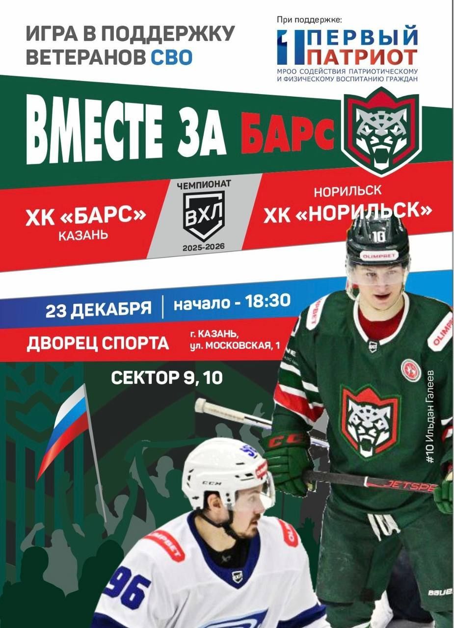В Казани пройдет хоккейный матч между «Барсом» и «Норильском» в поддержку ветеранов СВО