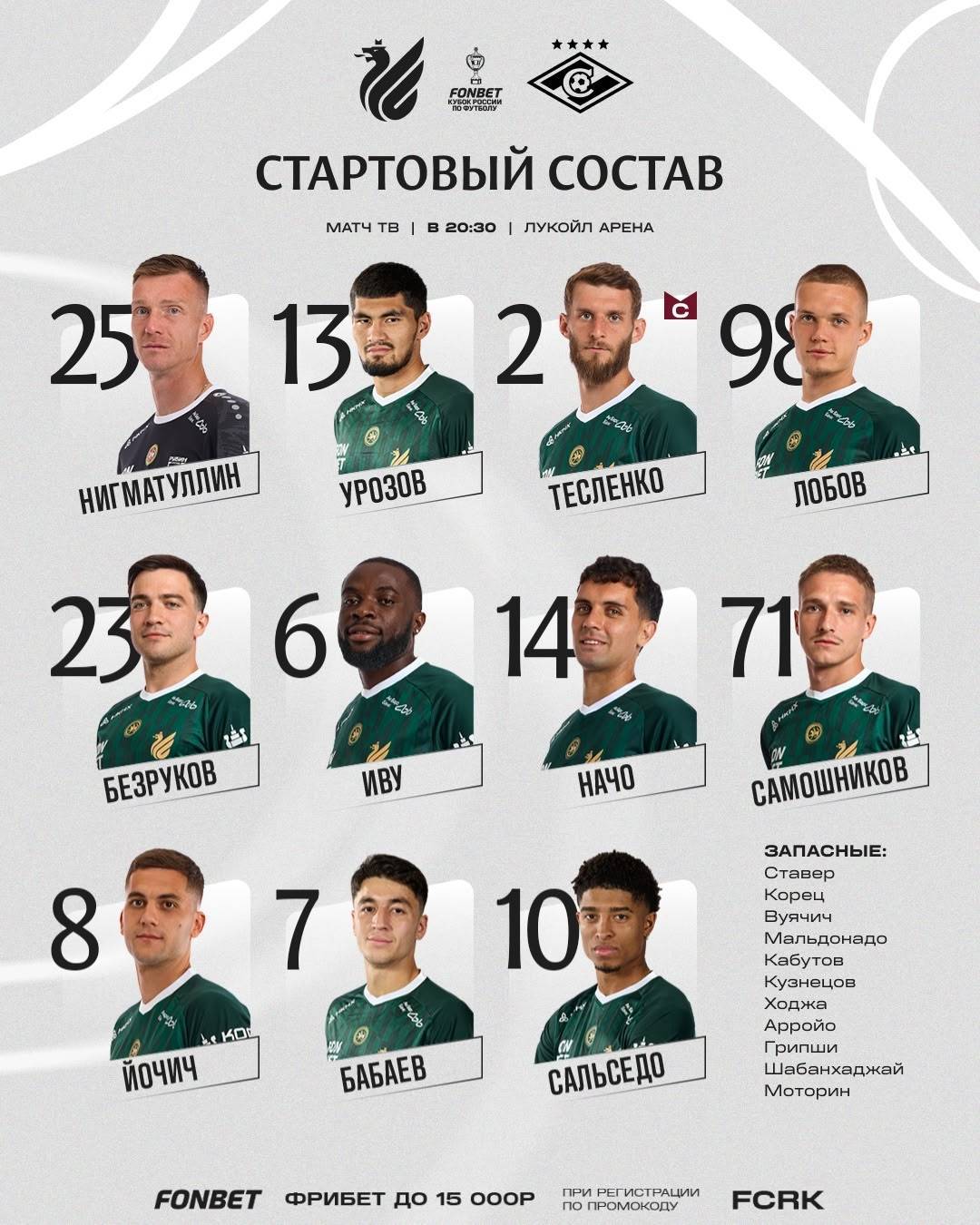 «Рубин» опубликовал состав на гостевой матч со «Спартаком» в кубке России