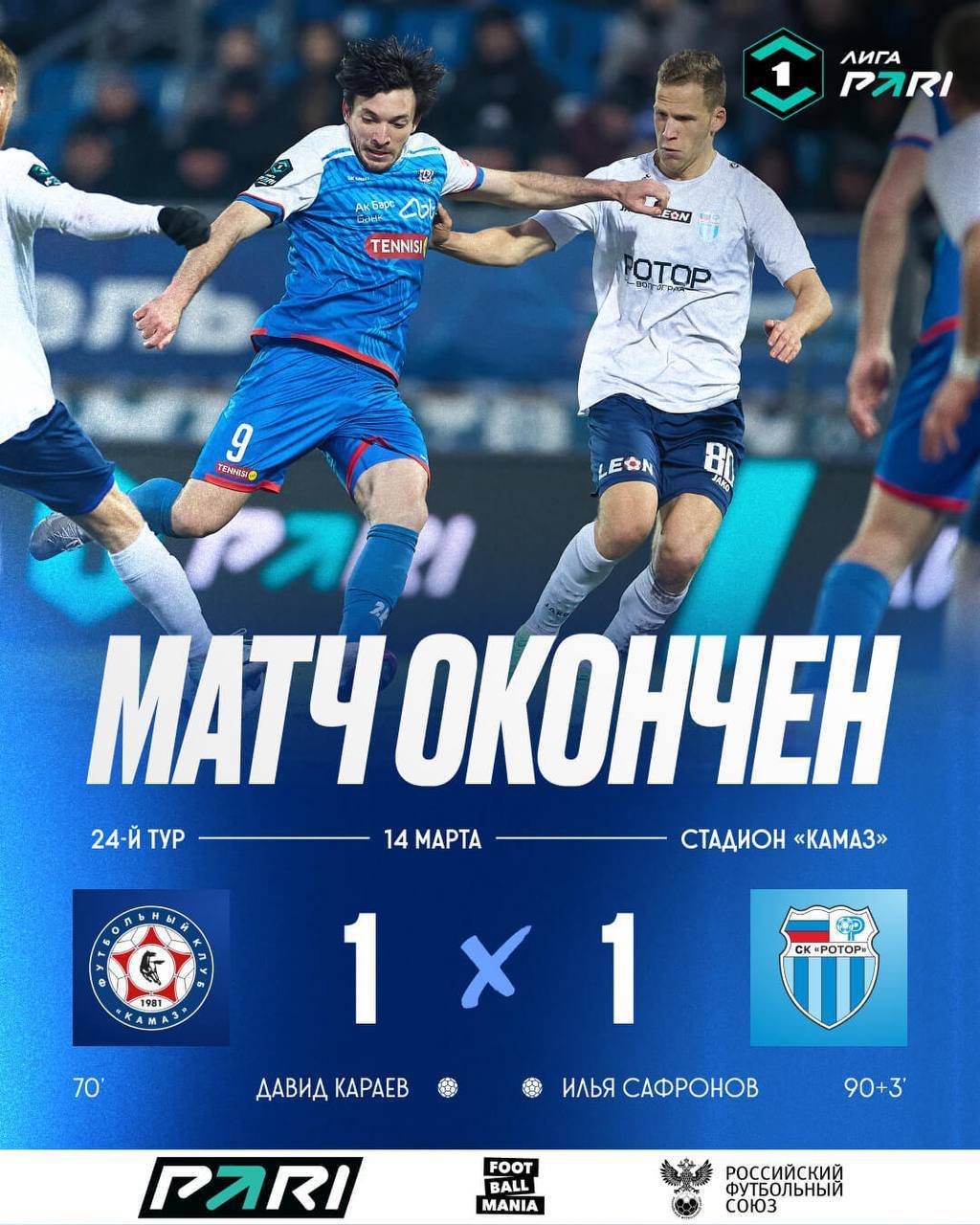 В Первой лиге «КАМАЗ» и «Ротор» сыграли вничью