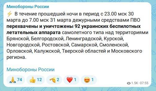 За ночь средства ПВО сбили 92 украинских беспилотника
