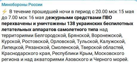 За ночь средства ПВО сбили 138 украинских беспилотников