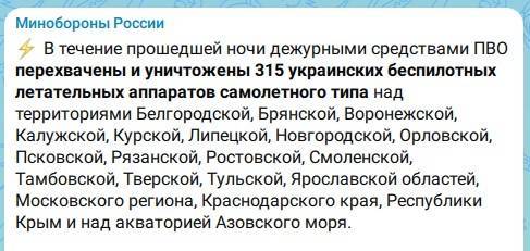 Массированный налёт: за ночь средства ПВО сбили 315 украинских беспилотников