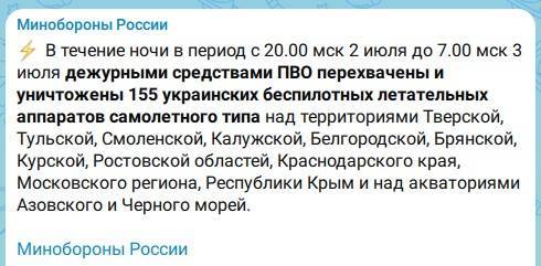 За ночь средства ПВО сбили 155 украинских беспилотников