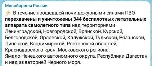 За ночь в небе над Россией сбили 344 украинских беспилотника