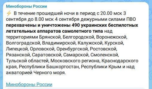 За ночь в небе над Россией сбили 490 украинских беспилотников