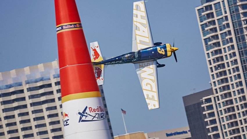 Challenger pilot Luke Czepiela of Poland performs during the training at the second stage of the Red Bull Air Race World Championship in San Diego, United States on April 14, 2017.