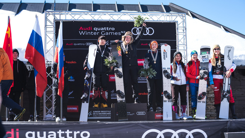 Women's podium from the FIS Junior Freestyle World Championships Snowboard Parallel Giant Slalom, Cardrona Alpine Resort, Wanaka. Part of the Audi quattro Winter Games NZ. (L to R: Naiying GONG (CHN) in 2nd, Milena Bykova (RUS) in 1st, Maria Valova (RUS) in 3rd)