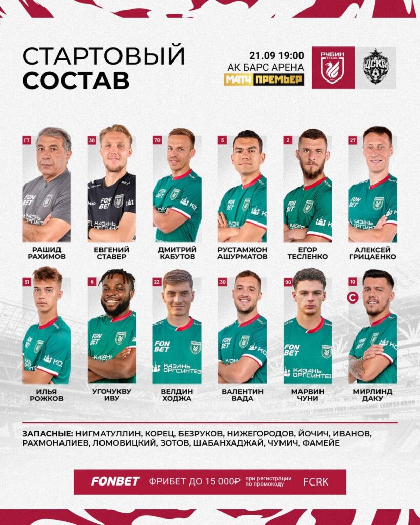 «Рубин» и ЦСКА объявили стартовые составы на матч 9-го тура РПЛ