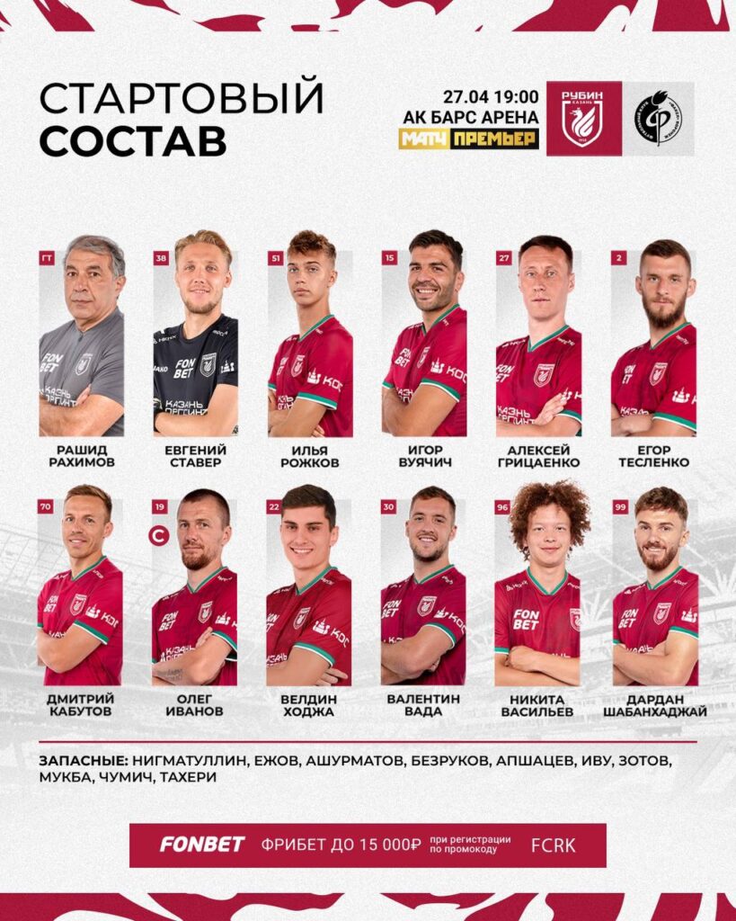 «Рубин» опубликовал состав на матч с «Факелом»