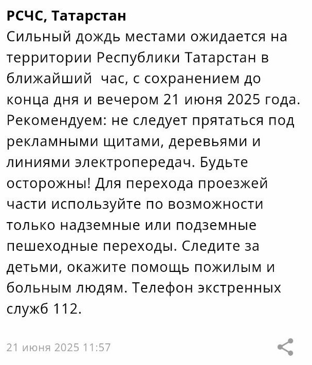 МЧС: в ближайший час в Татарстане ожидается сильный дождь